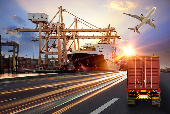 Darstellung von Logistiklösungen wie Luftfracht, Seefracht und LKW-Fracht